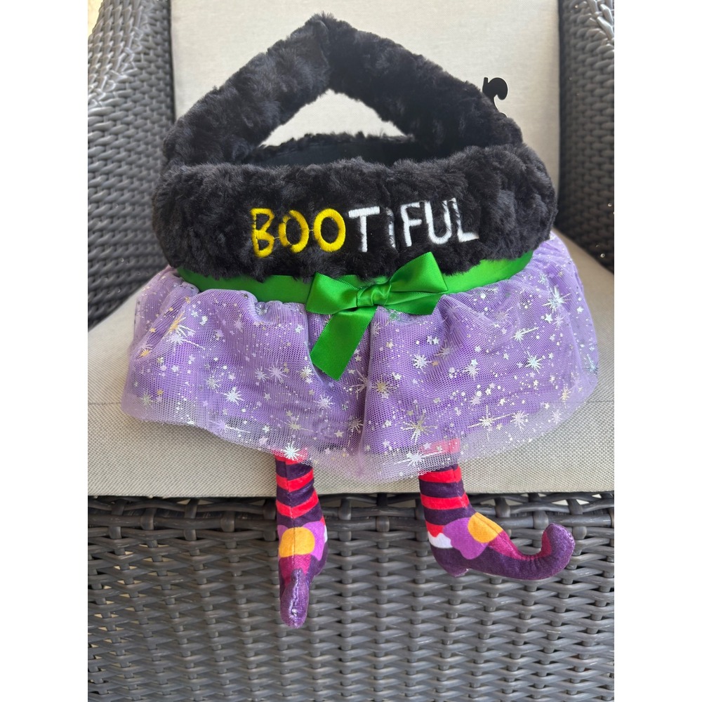 Plush Witch Halloween Candy Bucket Bootiful Faux Fur Tutu Trick or Treat Bag